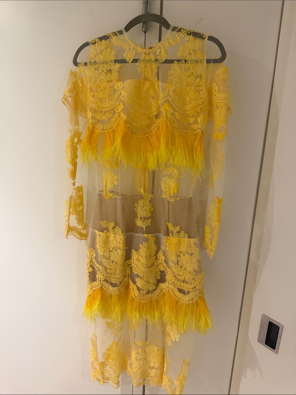 Yellow Lace Midi Skirt with Feather Trim